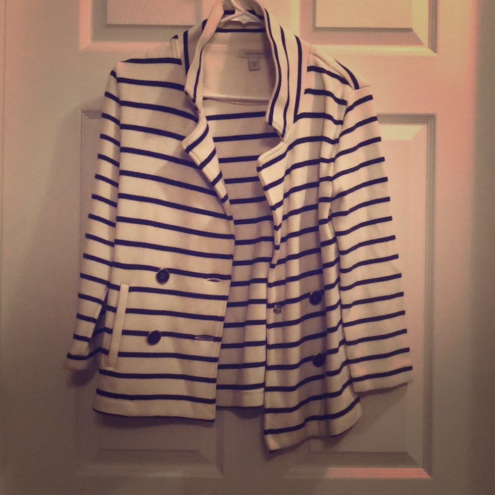 Navy and white striped winter blazer